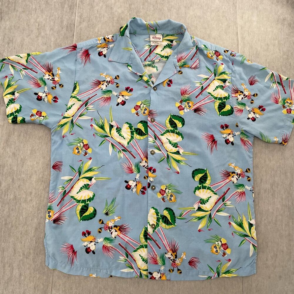 Disney Store Hawaiian Shirt Adult Medium Blue Button Up Mickey Minnie Donald Men